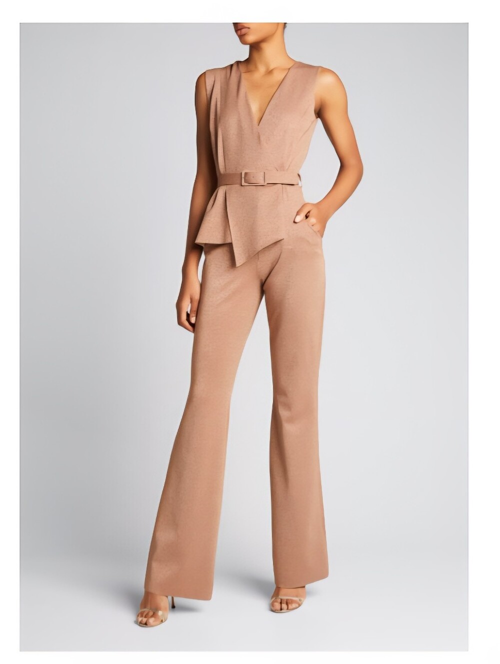 Chiara Boni Camel Belted Flare Jumpsuit